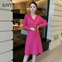 ZJYT Autumn Winter Knitting Sweater Dresses for Women 2026 Elegant Long Sleeve Buttons Knitwears Casual Vintage Party Vestidos