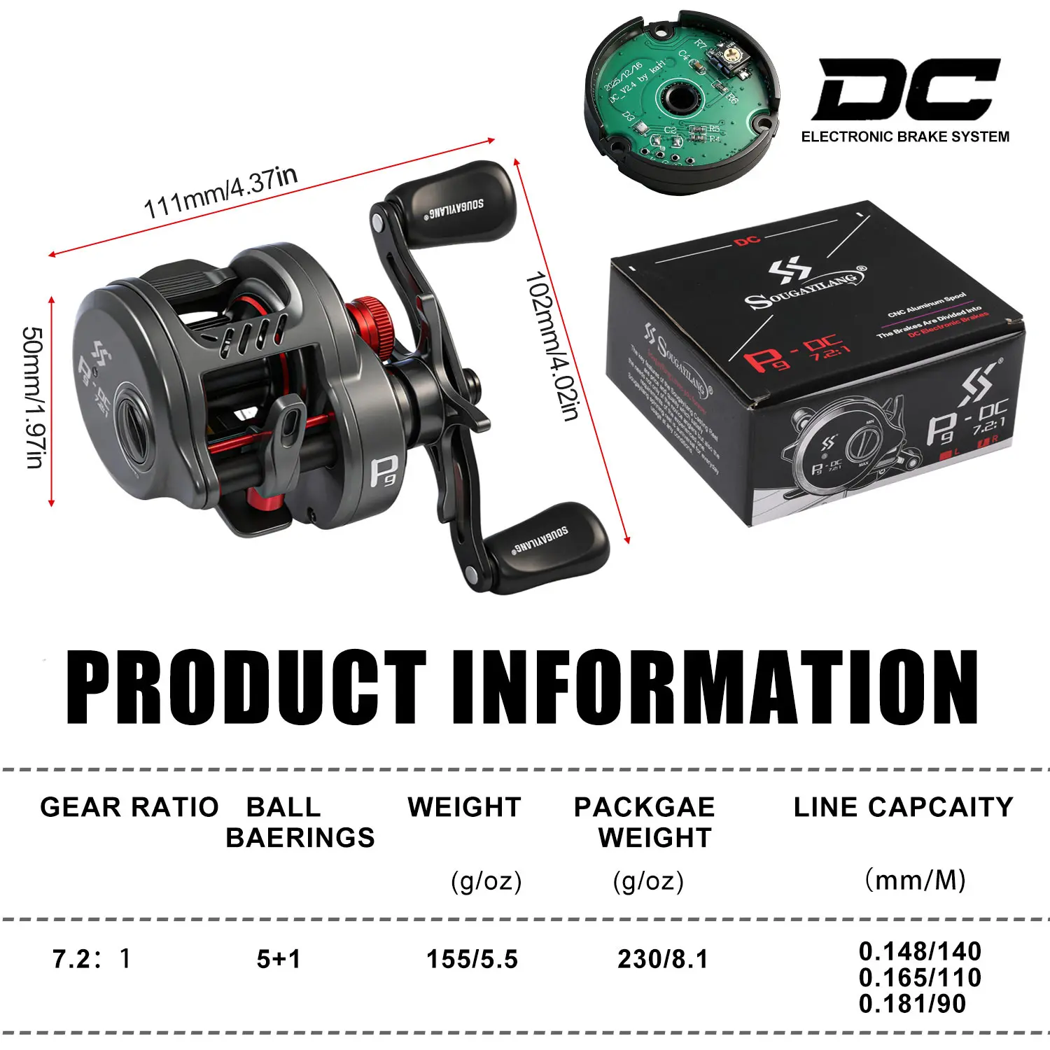 Sougayilang P9 DC Baitcaster-Rolle mit elektronischer Bremse, Übersetzungsverhältnis 7,2:1, 5+1BB, Anti-Explosion-Schnur, Salzwasser- und Süßwasser-Angelrolle – Detail 3