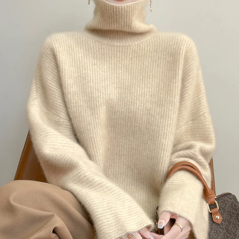 Autumn Winter Women Sweater Pullover High Collar Flare Sleeve 100% Merino Wool Soft Comfortable Knitted Casual Chic Tops