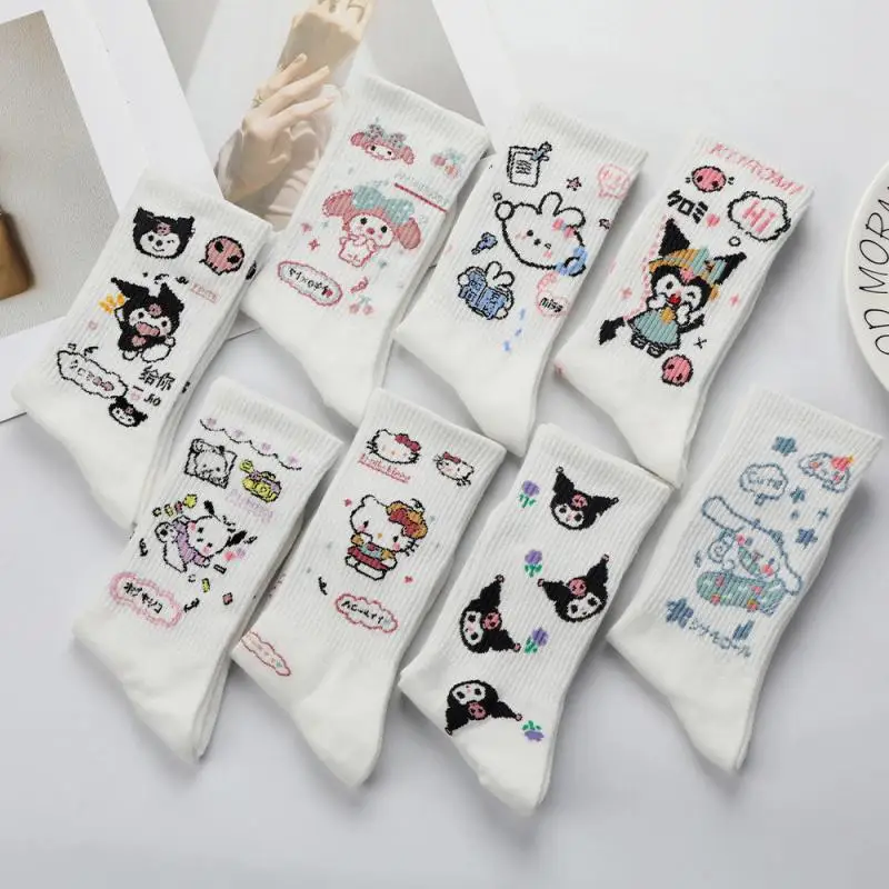 Hot Sanrios kuromi Four Seasons Medium Socks Kawaii Hello Kitty Cartoon Anti-Odor Breathable Sports Cotton Socks Household Items