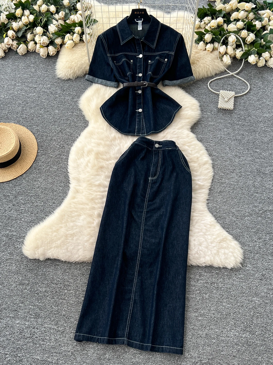 ハイウエストスリットデニムスカートと半袖トップス レディースファッションセット サマーツーピース outfits ボディコンミニドレス カジュアルウェア