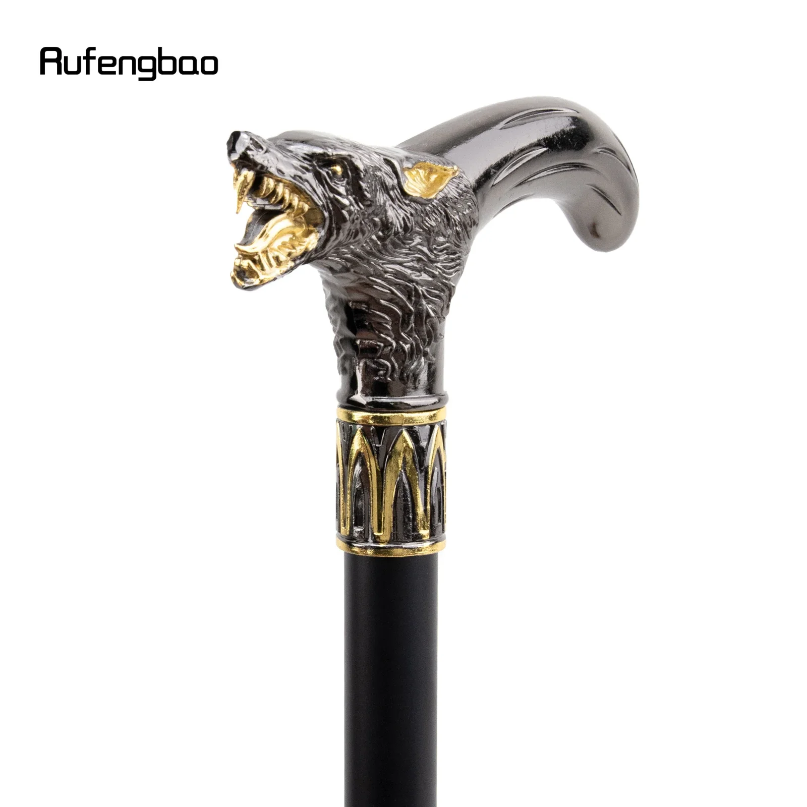 Cabeça de lobo preto dourado bengala mordida, Bastão decorativo de moda, Cavalheiro elegante Cosplay Cane Knob Crochet, 93cm