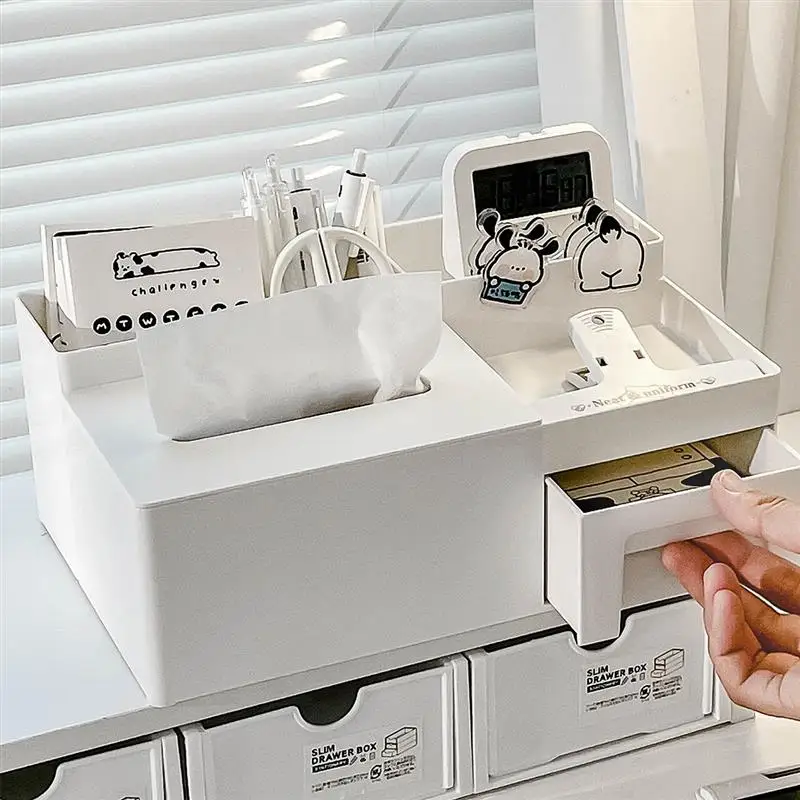 

Desktop Drawer Style Storage Box Tissue Box Stationery Organizer for Student Office Desk Simplistic Plastic Rectangular Shape