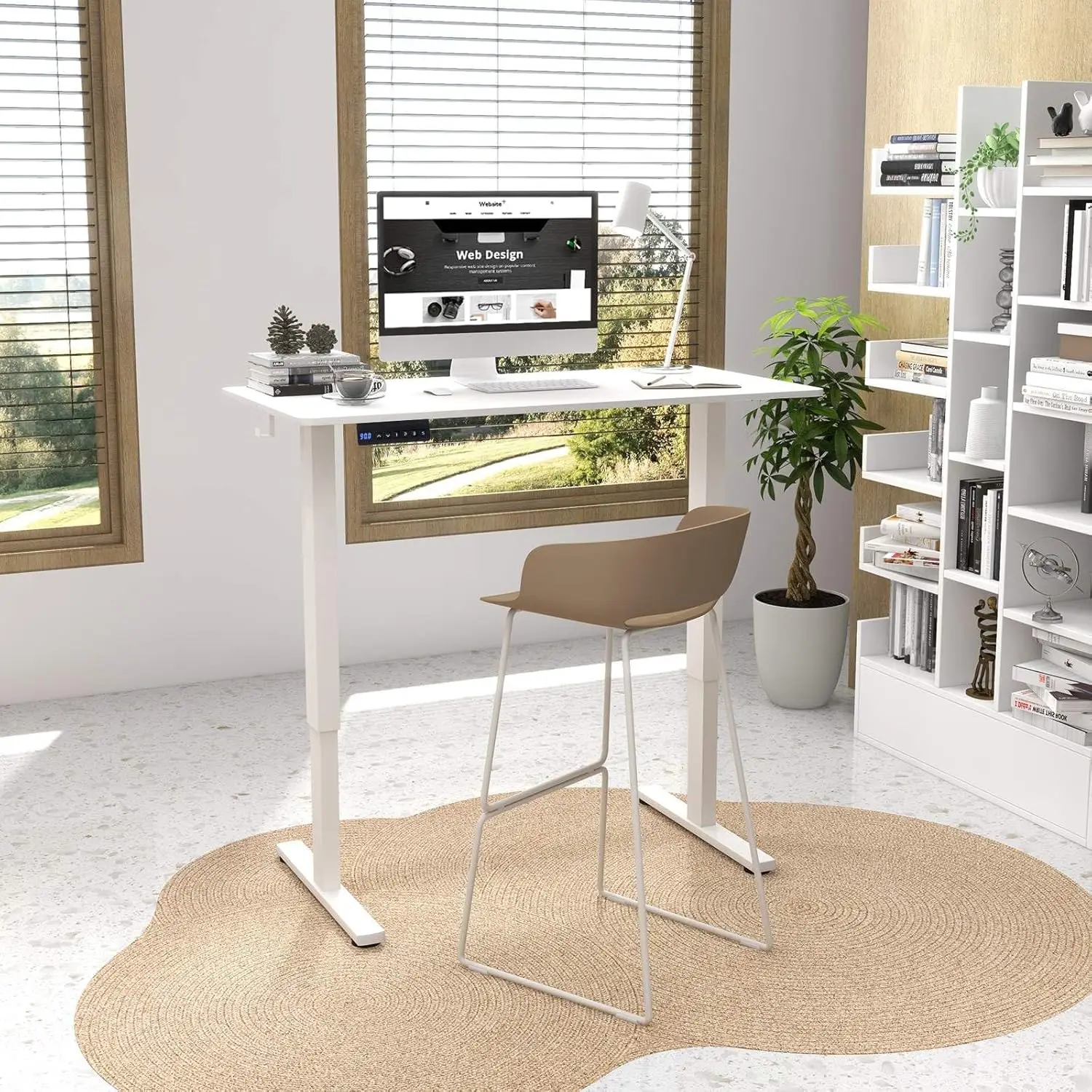 Standing Desk, 120 cm x 60 cm Height Adjustable Desk with 3 Memory Heights, 2 Hanging Hooks & 2 Cable Management Holes, Anti-Co