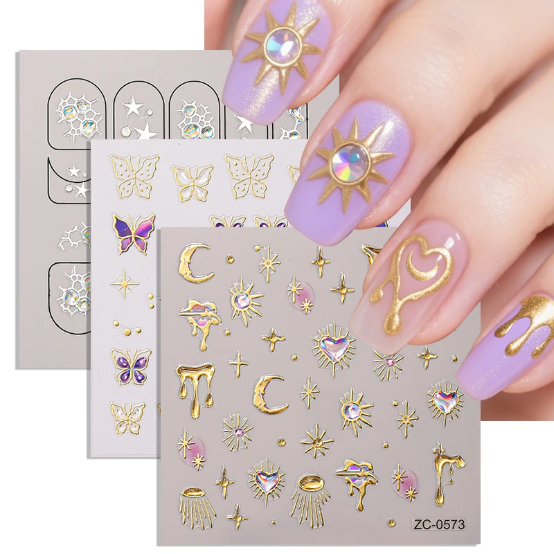 สติกเกอร์ติดเล็บลายเจลลี่ 3 ชิ้น ลาย 5D ออโรร่า ดาว พระจันทร์ ผีเสื้อ หัวใจ แบบลอกติดเอง สำหรับตกแต่งเล็บ DIY