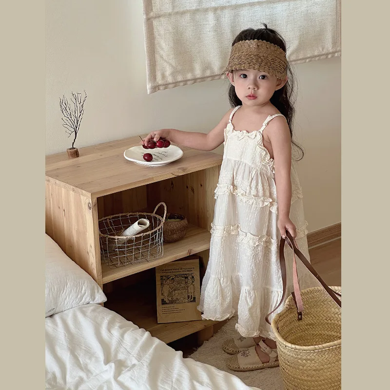 

Girls Dress 2024 Korean Style Children Spring and Summer Slip Dress Lace Princess Dress Girl Baby Fancy Jacquard Dresses