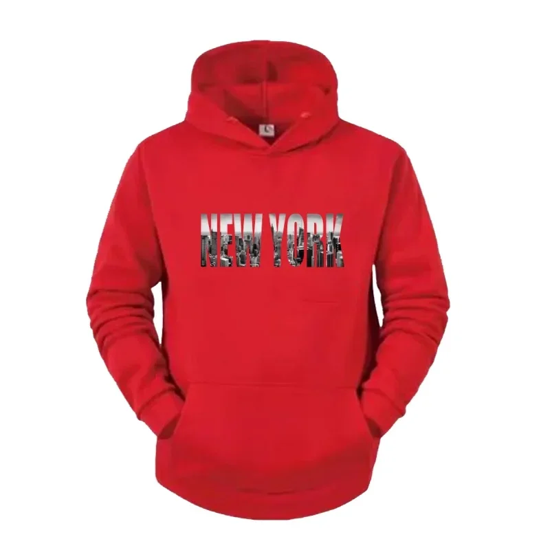 Men's Autumn Winter Casual Fashion Loose New York Skyscraper City Skyline Landscape Pattern Printed Hooded Sweatshirt Pullover