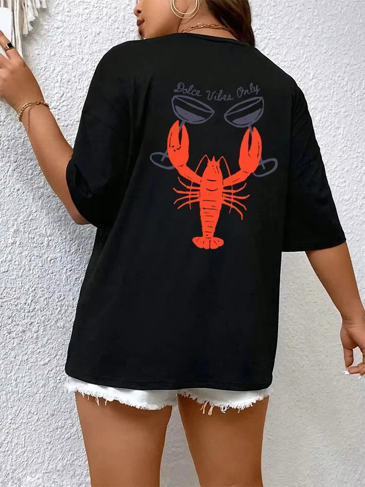 

Lobster Illustration Soda Flavor Graphic Tops Vintage Casual Women Tees Loose O-neck Short Sleeve Female T-Shirt Beach Outfits