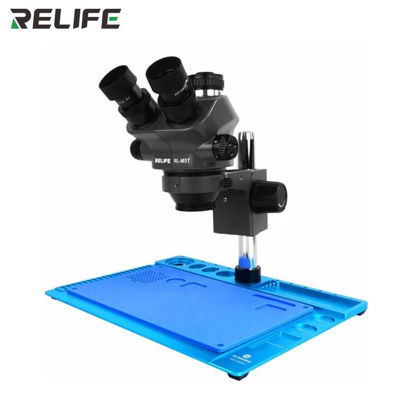 RELIFE RL-M5T+SS-004N 7X-50X Zoom Matched Trinocular Stereo Microscope can match HDMI Camera LED Light Titanium base Microscope