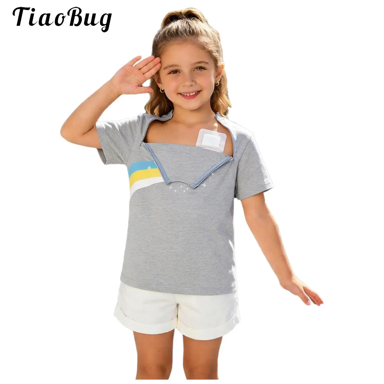 

Unisex Kids Zipper Chest Port Access Chemo T-shirt Short Sleeve Rainbow Print Special Needs Adaptive Tops