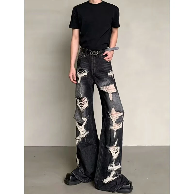 

2026 Men's Summer New Fashion High Street Hole Jeans Men's Personality Wide Legs Denim Pants Breathable Comfort Denim Trousers