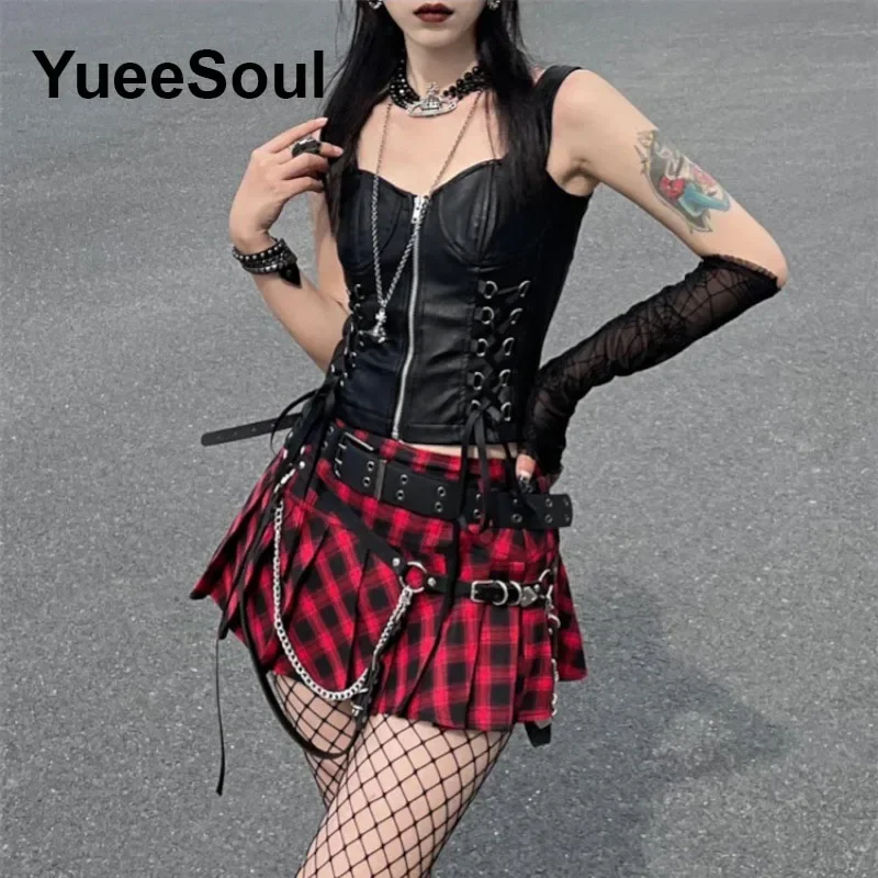 American Vintage Plaid Mini Skirt High Waist Pleated Skirts Y2K Sweet Cute Fairycore Grunge Harajuku Preppy style Women Clothes