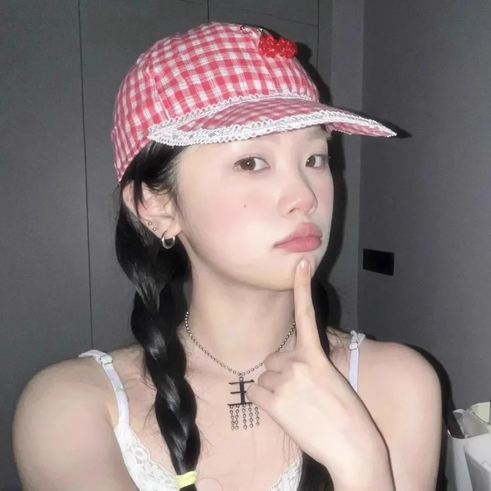 

Casual Sunscreen Cherry Pin Cap Cotton Peaked Red Plaid Hat Sweet Cute Lace Baseball Cap Girls