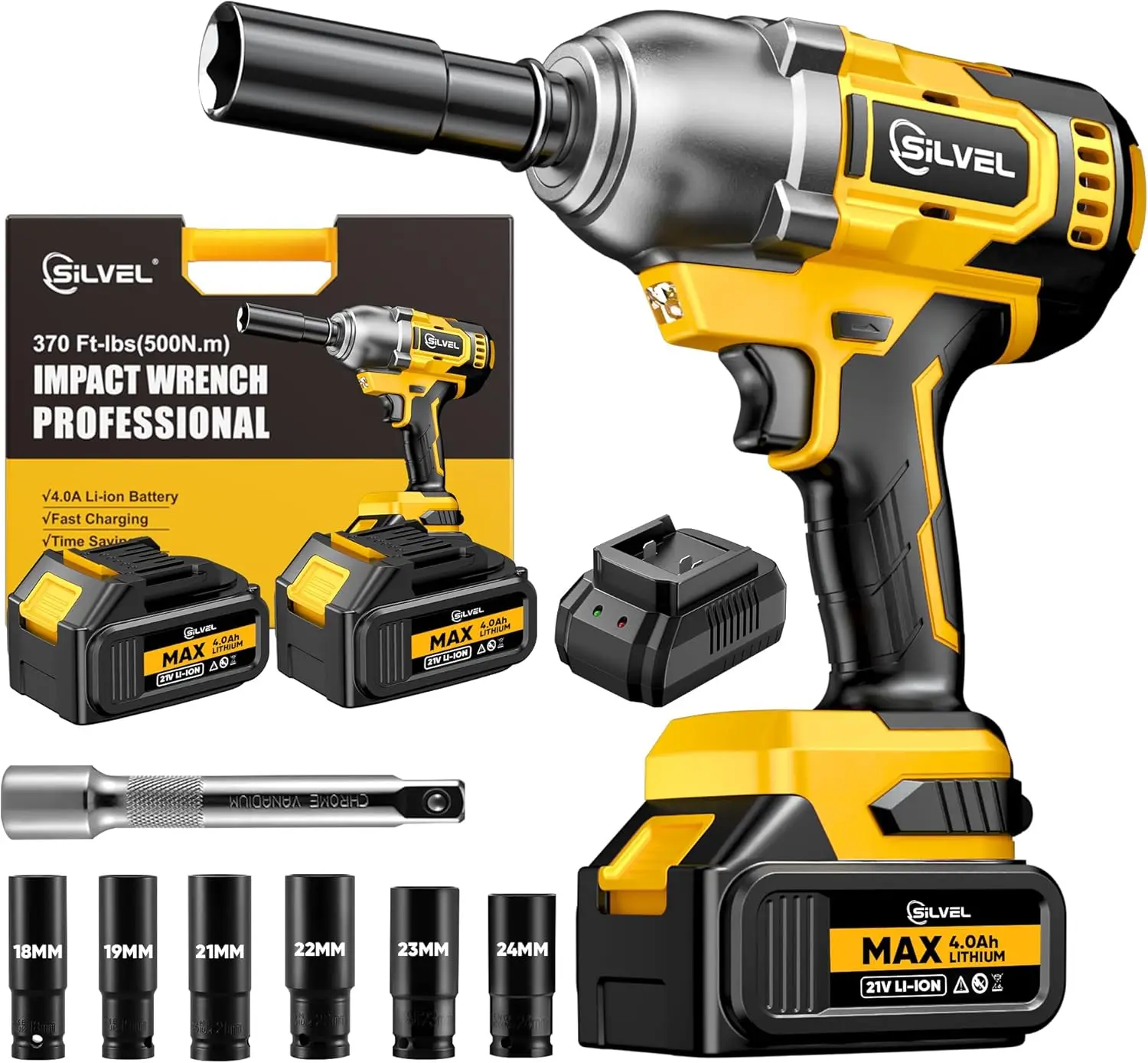 

Cordless Impact Wrench, 370 Ft-lbs (500N.m) Impact Gun 1/2 inch, 2 * 4.0Ah Battery Powered Brushless Impact Wrench with 6 Socket