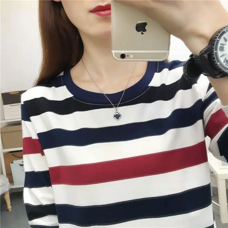 Office Lady Round Neck Striped Long Sleeve Pullover Women\'s Clothing T-shirt Casual Spring Autumn Contrast Color All-match Tops