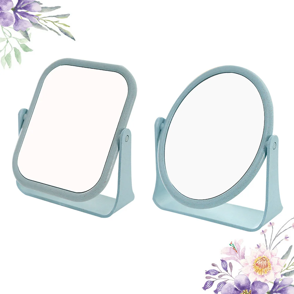 

2Pcs Makeup Mirrors Durable PP Silver Glass Double-Sided Rotatable Desktop Mirrors Blue Square Chic Decor