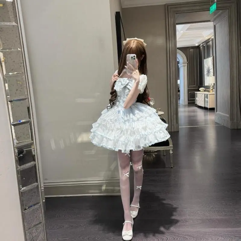 Japanese Lolita Cute Waltz White Blue Ballet Style Sweet Princess Mini Dress Gentle Elegant Birthday Party Date Short Dress New