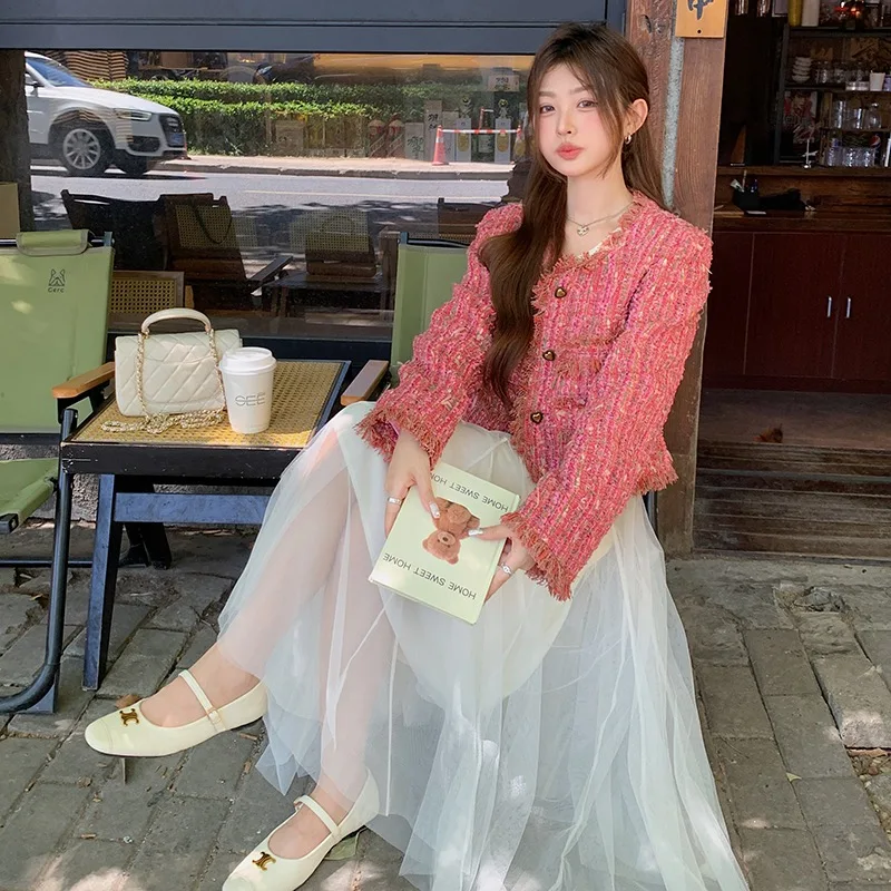 لقطة حقيقية مخصصة عالية الجودة تويد سترة قصيرة المرأة خريف شتاء معاطف الوردي