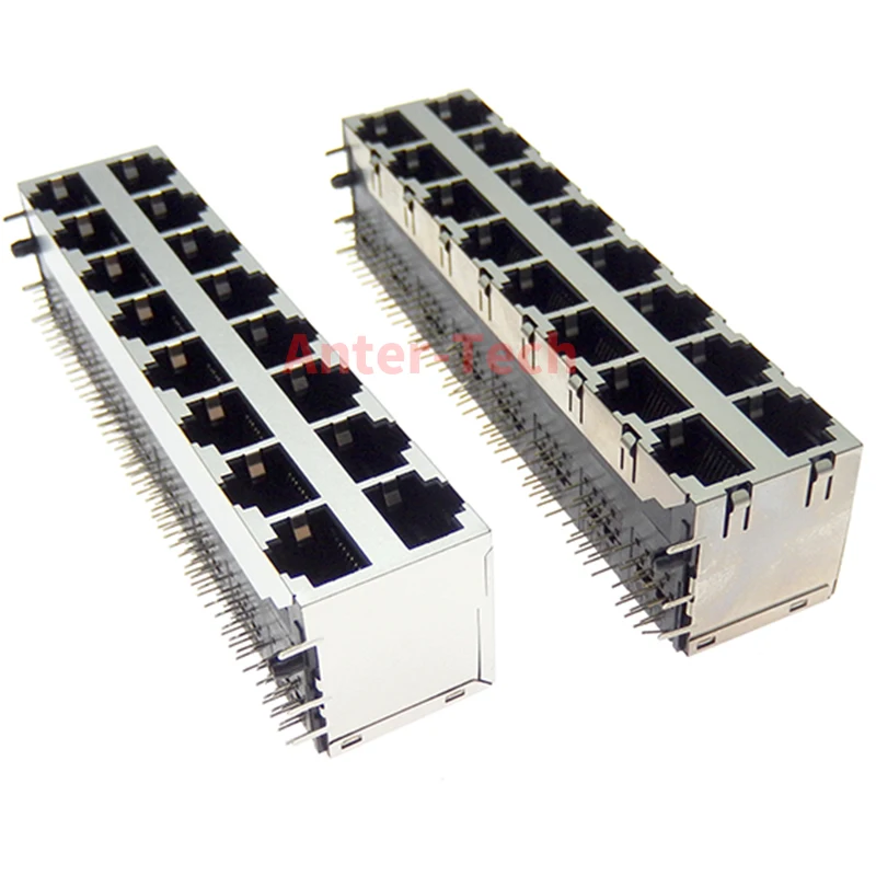 RJ45 2x8 2*8 Stack 16 Port Shielded Modular PCB Jack 8P8C Right Angle Through Hole Network Connector Side Entry