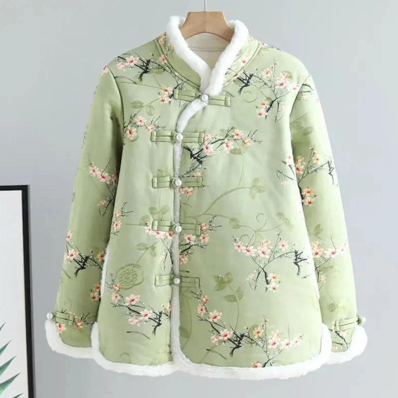 5XL Autumn Winter New Mother\'s With Plush Warm Cotton Jacket Women\'s Fashionable Single Breaste Versatile Fleece Floral Jacket