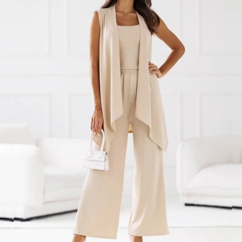 

Elegant O-neck Sleeveless Vest & Long Pant & Cardigan Shawls Suit Women Casaul Solid Loose 3Pc Outfits Fashion Wide Leg Pant Set