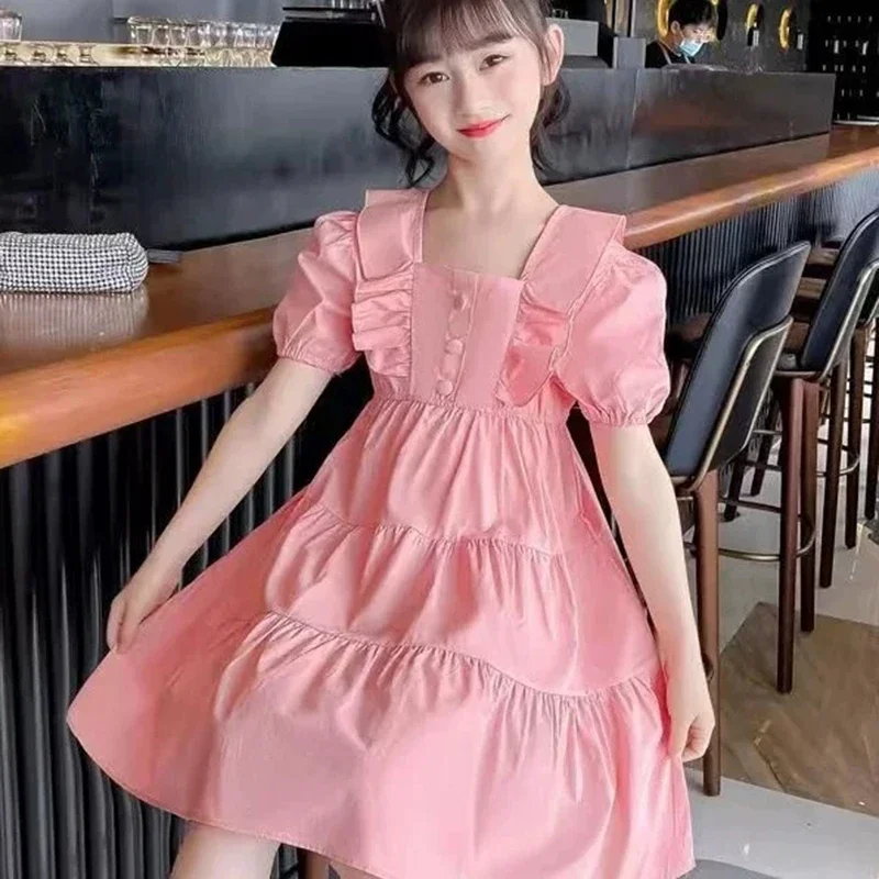 Vestido Infantil Rosa com Decote Quadrado e Mangas Bufantes em Camadas, Estilo Doce e Casual com Babados, para o Verão, Festas e Uso Diário, Modelo Ev