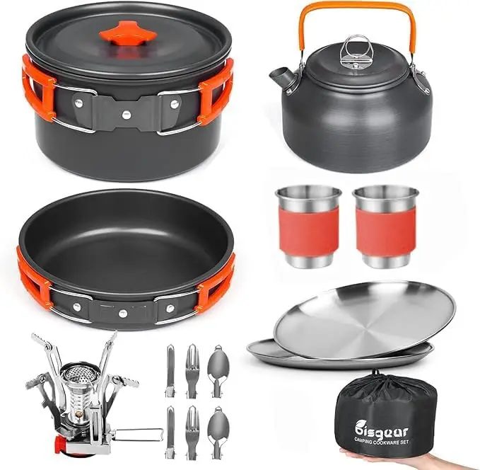 

Portable Camping Cookware Set with Stove, Pots, Pans, Cups, Plates & Utensils for Backpacking Survival