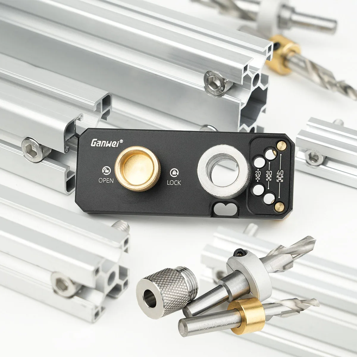 Aluminum Profile Drill Guide Jig with M10 Countersunk Step Drill Bit, Vertical Puncher for 20‑30‑40 Aluminum Extrusion Profiles