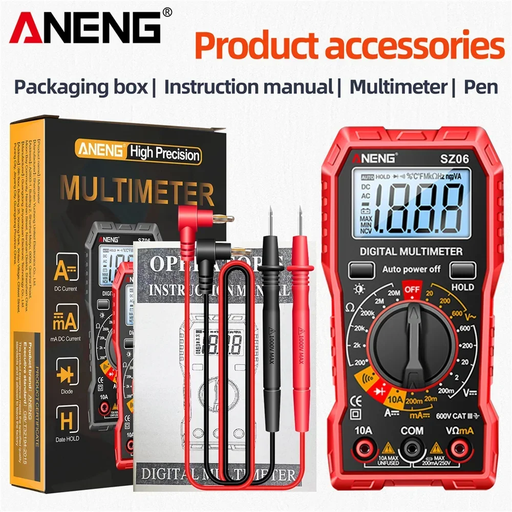 

Цифровой мультиметр ANENG SZ06, 600В AC/DC, 2000 измерений, 10А DC, измерение сопротивления, тест диодов