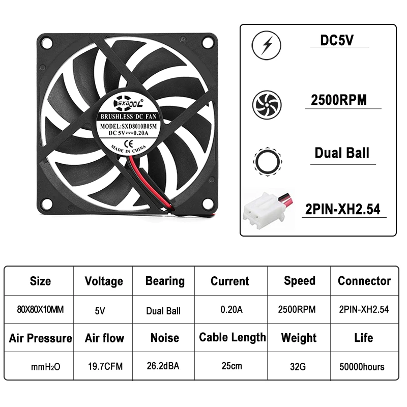 SXDOOL-Slim Brushless DC Cooling Fan, Computador Case Cooler, PC CPU, 80mm, 10mm, 80x80x10mm, 8cm, 5V, 8010, 2PIN, bola dupla, 2 PCes