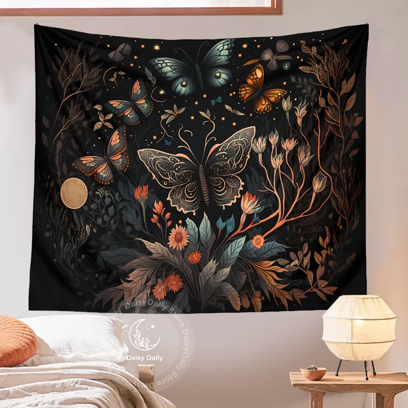 Botanical  Moon Moth Tapestry Wall Hanging Psychedelic Butterfly Plant Room Sky Carpet Dorm Tapestries Art Home Decoration