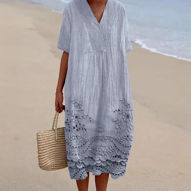 

Vestidos Retro Solid V Neck A-Line Midi Dress Women Spring Casual Loose Pullover Dress Sexy Short Sleeve Summer Vacation Dresses
