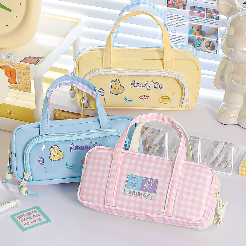 

1pcs Double-Sided Color-Block Pencil Bag with Cute Embroidery Handle Pen Case Storage Pouch for Stationery F7886