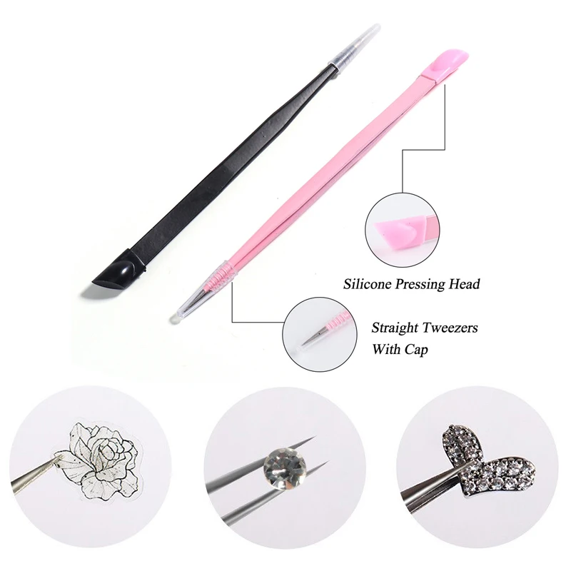 Double Ended Silicone Nail Art Tweezers With Pressing Head Nail Stickers Rhinestones Pick Up Clip Eyelash Extension Makeup Tools