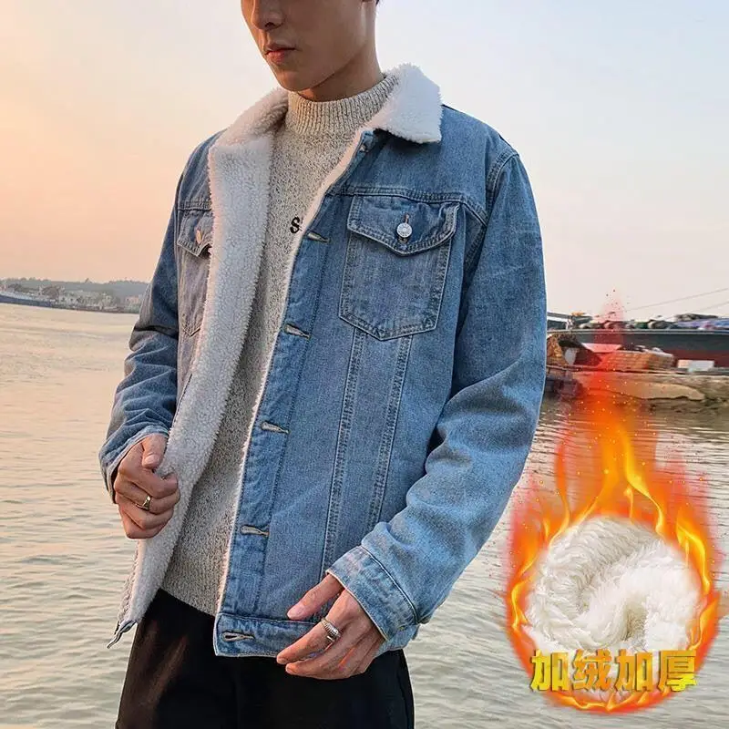 

Winter Denim Jacket Trendy Men's Korean Style Loose Fit Fleece Lined Thickened Warm Jacket For Women Casual Clothing