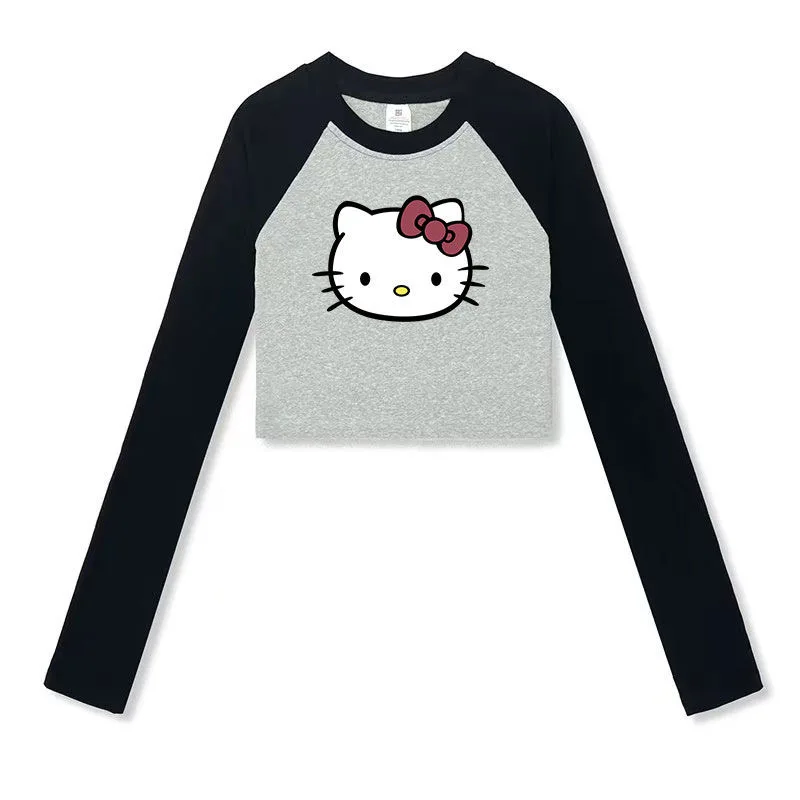 Sanrio Hello Kitty Women Slim Short Tees Y2k Cute Spring Clothes New Crop Tops Cartoon Fashion Streetwear t-shirt a maniche lunghe