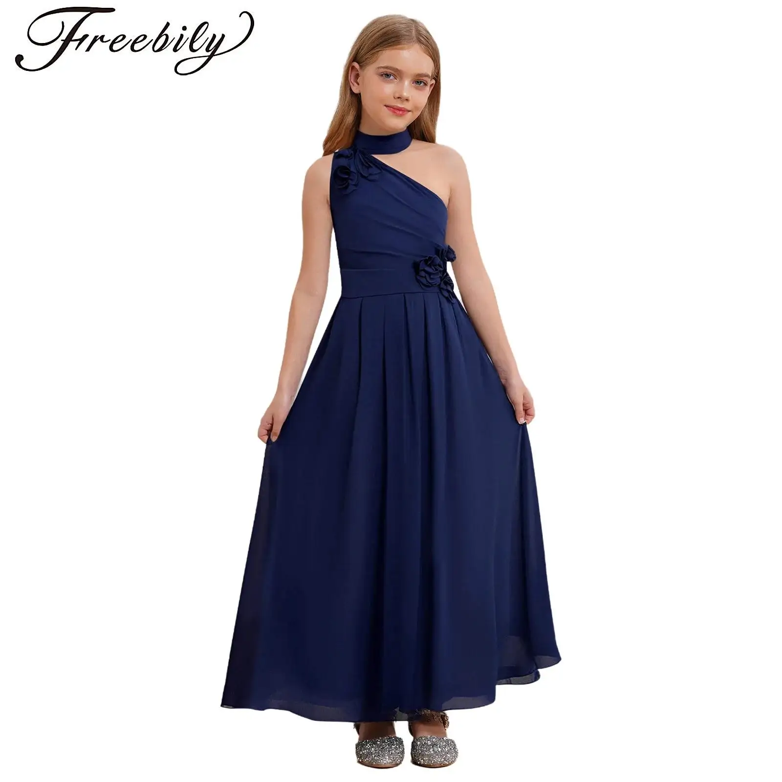 

Girls Wedding Bridesmaid Dress Sleeveless One Shoulder High Waist Ankle Length Elegant Princess Dress Banquet Pageant Prom Gown