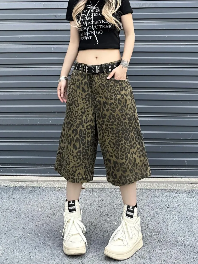 Jeans americani con stampa leopardata retrò per donna Y2k E-Girl pantaloni dritti in Denim a vita alta 2024 estate nuova gamba larga allentata