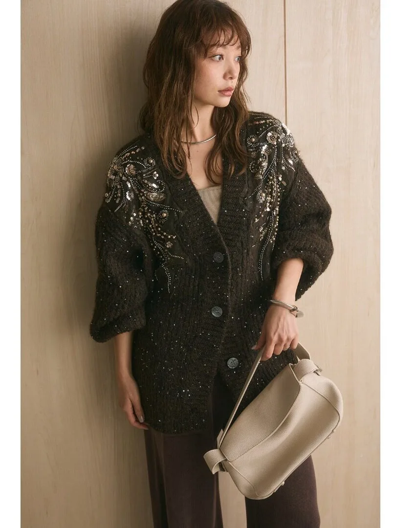 Retro Heavyweight Sequin Embellished Sweater Jacket Women's Autumn Winter New Style Lazy Thick Warm Knitted Top