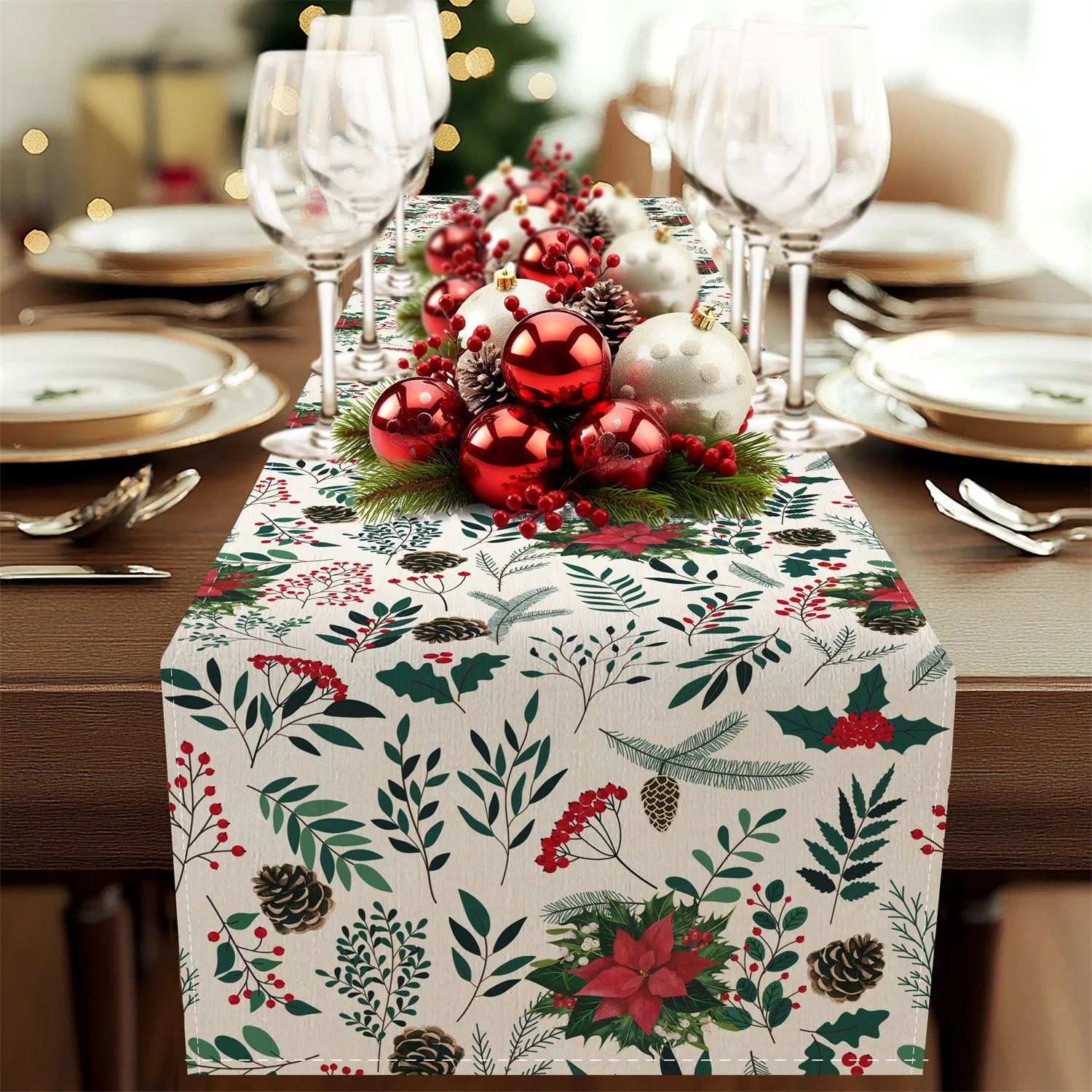 Christmas Poinsettia Holly Pine Cone Linen Table Runner Party Decor Winter Xmas Kitchen Dining Table Runner Christmas Decoration