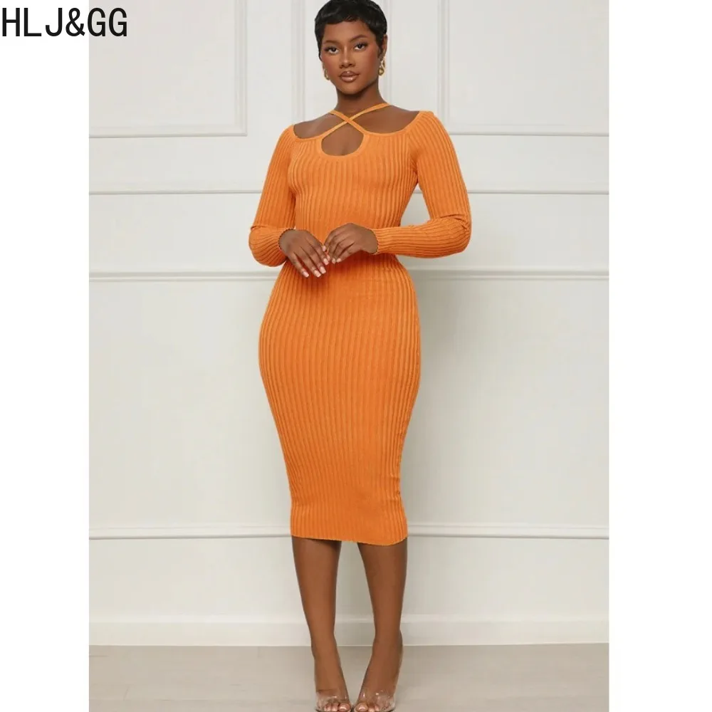 

HLJ&GG Elegant Lady Hollow Knitting Bodycon Dresses Women Long Sleeve Slim Mid Dress Female Halter Solid Color Vestidos Clothing