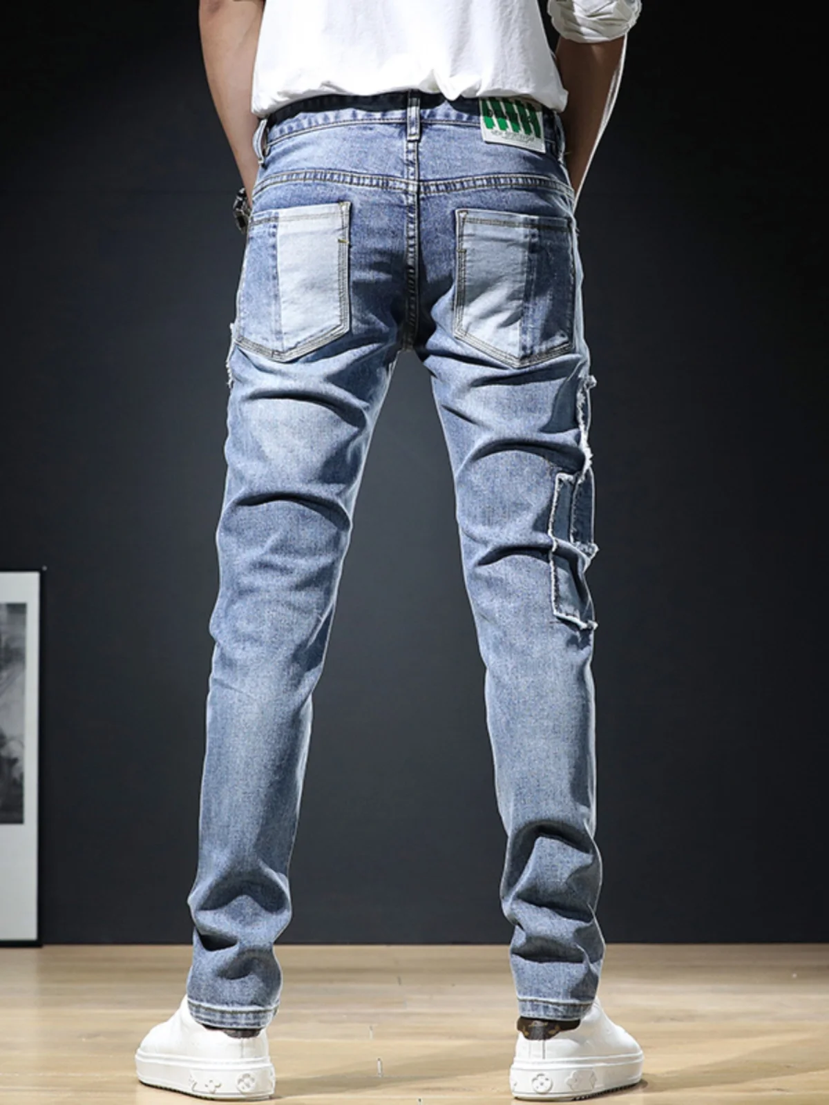 Primavera 2025 Faion Jeans da uomo elastici Patchwork Riparazione Pantaloni in denim slim fit Pantaloni lunghi casual da gioventù Cerniera a vita media