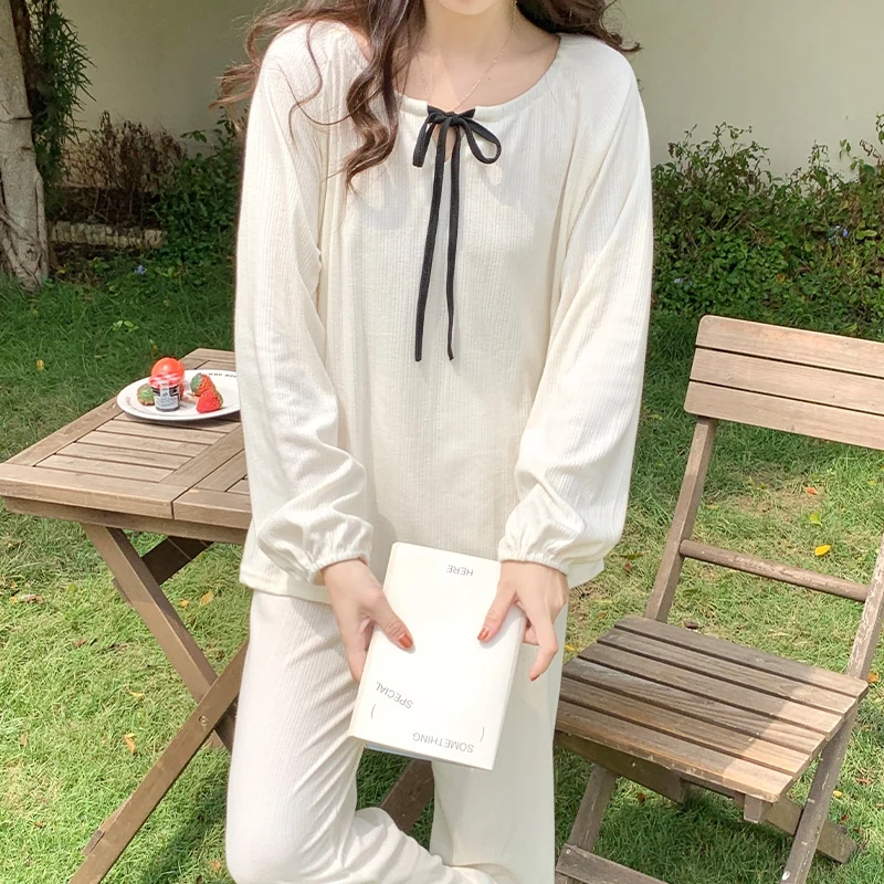 2024 Spring Long Sleeve Cotton Pajama Sets for Women Korean Cute Bow Sleepwear Pyjama Pijama Mujer Homewear Ladies Home Clothes