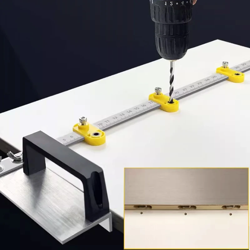 

Woodworking Adjustable Square Measuring Tool, 2 in 1 Aluminum Drilling Positioning Ruler, Cabinet Hardware Jig, Marking Gauge
