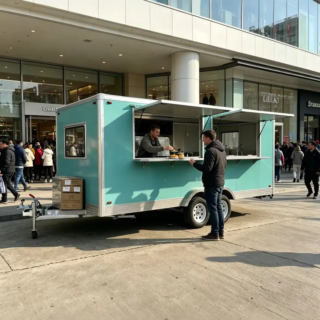 

Blue 2-Axle Mobile Food Trailer Commercial Food Truck with Triple Service Windows for Fast Food Street Vending