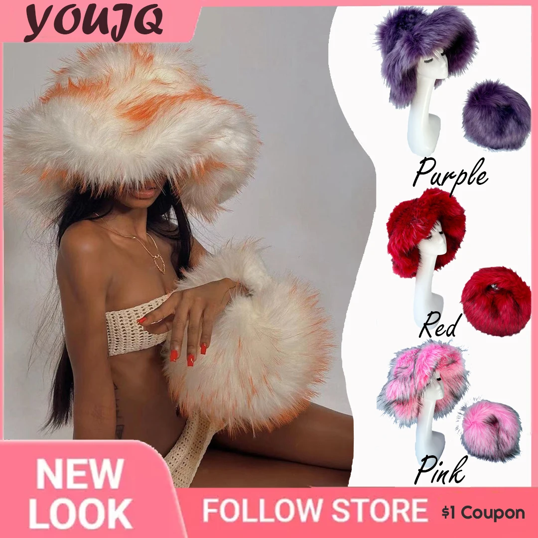 Y2K Millennium Girl Autumn Winter Fur Hats Handbag Sets for Women Men Girl Thick Hip Pop Furry Fluffy Faux Fur Hat Winter Bag