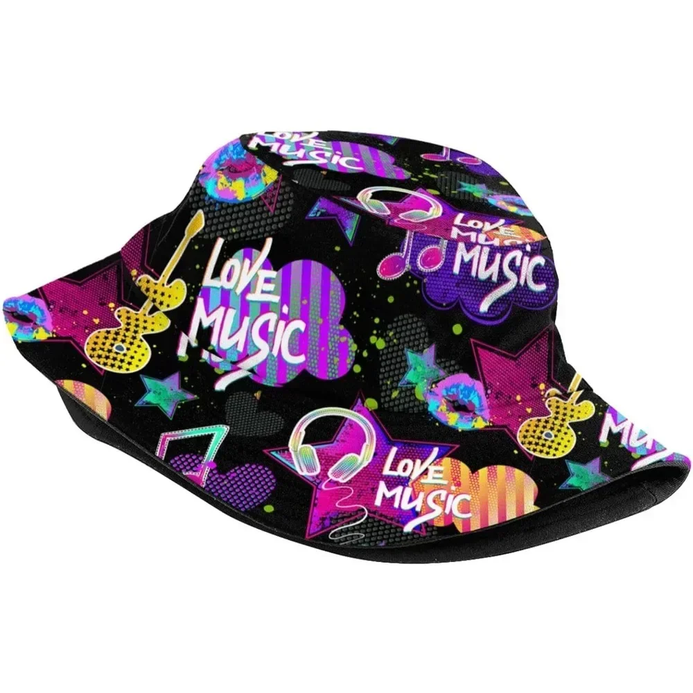 Cute Neon Music Fisherman Cap Hip Hop Gorras Unisex Printing Bucket Hat Outdoor Gardening Beach Camping Hiking Fishing Caps