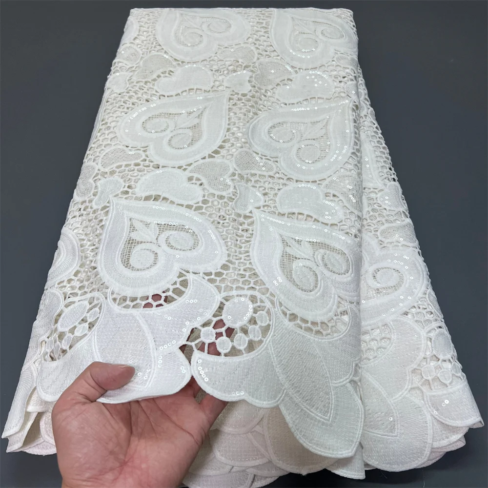 

2025 Высокое качество, африканская нигерийская вышивка, кружевная ткань, тюль, свадебное платье, гипюр, водорастворимые блестки, 5 ярдов ZJ046-1
