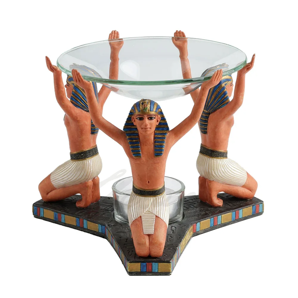 Ancient Egyptian Pharaoh Resin Aroma Burner Three Kneeling Pharaoh Statues Glass Oil Warmer Fragrance Candle Holder Home Decor