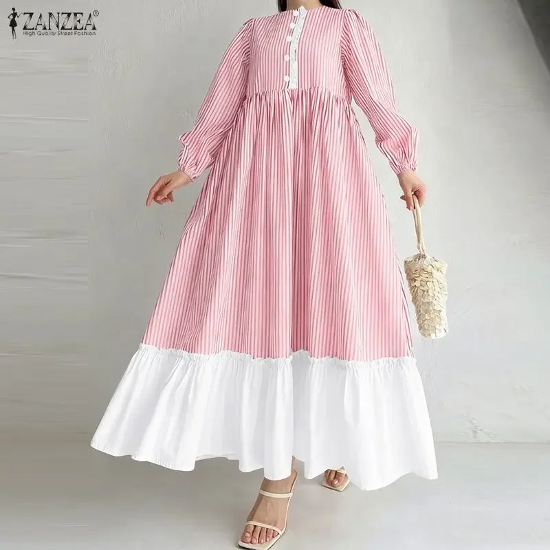 

ZANZEA модное длинное платье-рубашка макси Vestidos 2026, весеннее платье с длинными пышными рукавами в полоску в стиле пэчворк, элегантный вечерний халат, женский сарафан